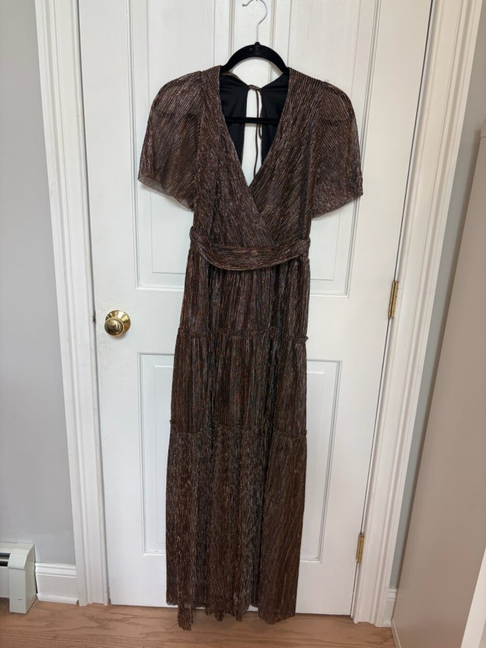 Floret Studios Metallic Pleated Tiered Maxi Dress